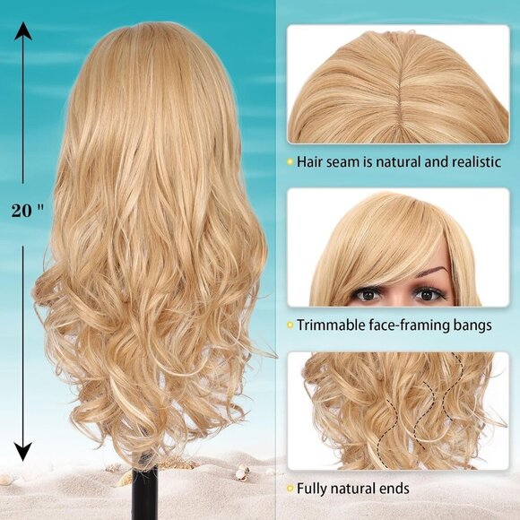 Blonde Wig With Bangs Long Blonde Curly Wigs for Women Heat Resistant Synthetic - Picture 4 of 7